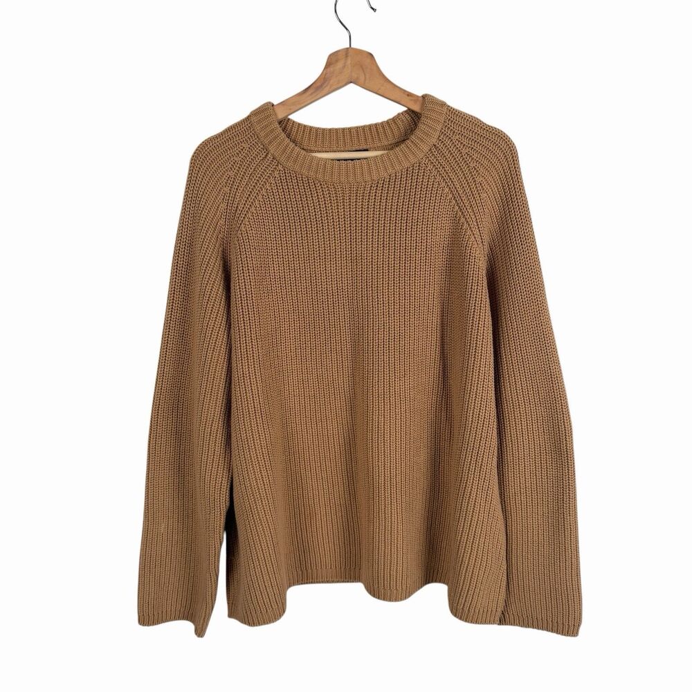 Quince Organic Cotton Fisherman Sweater 1X Camel Crewneck Minimalist Chunky